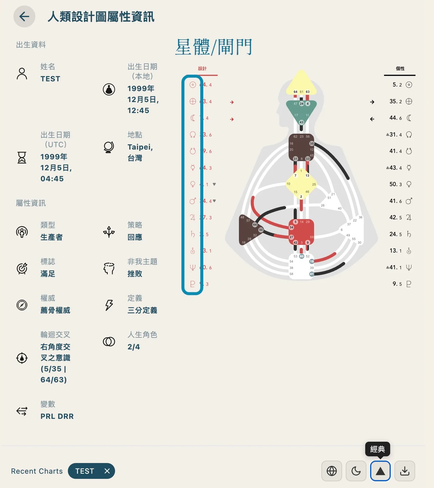 紅黑兩側各 13 個星體符號，由上而下為太陽、地球、月亮、北交點、南交點與各行星
