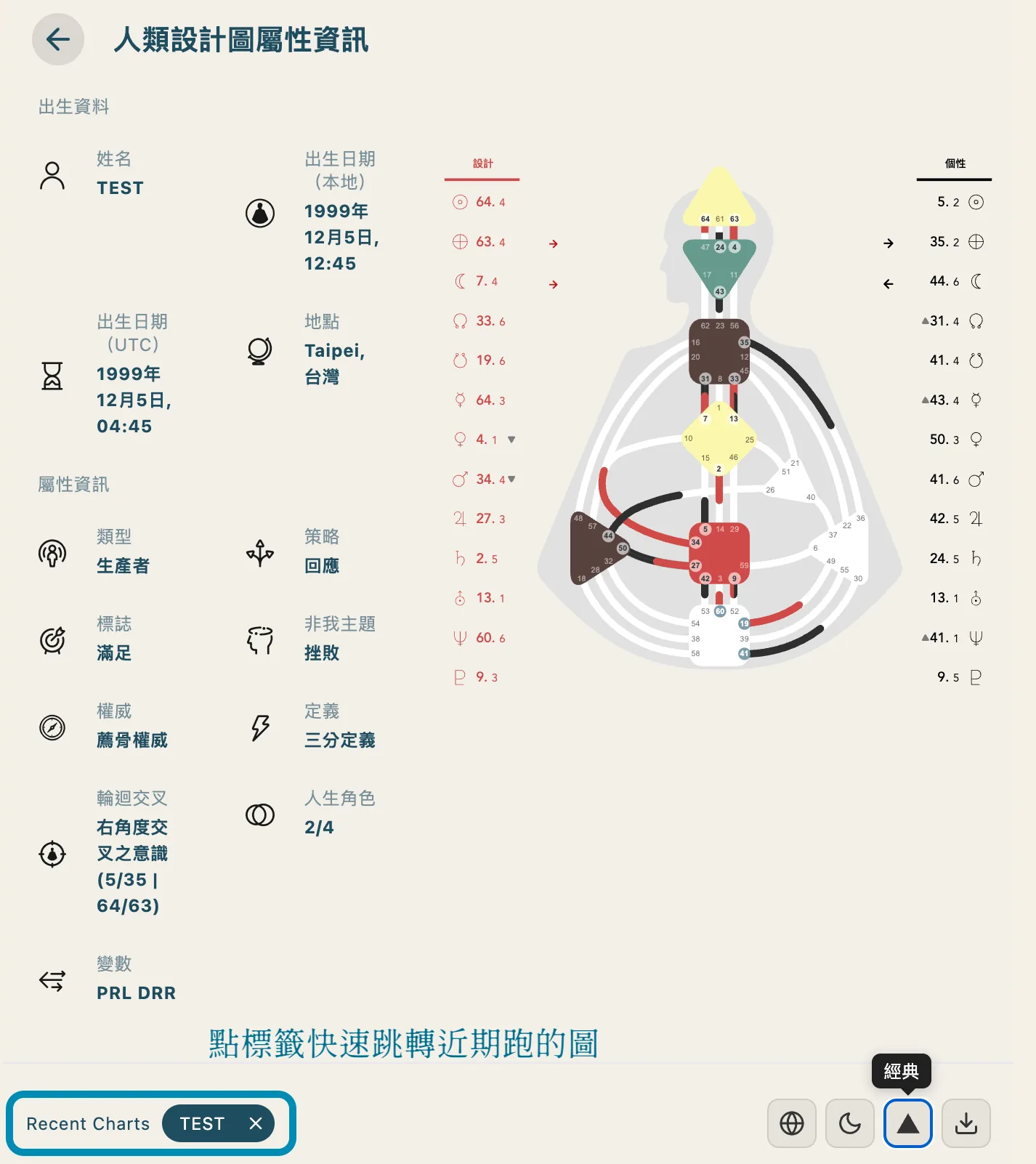 畫面左下角的 Recent Charts 標籤，點一下就能快速跳回近期跑過的圖